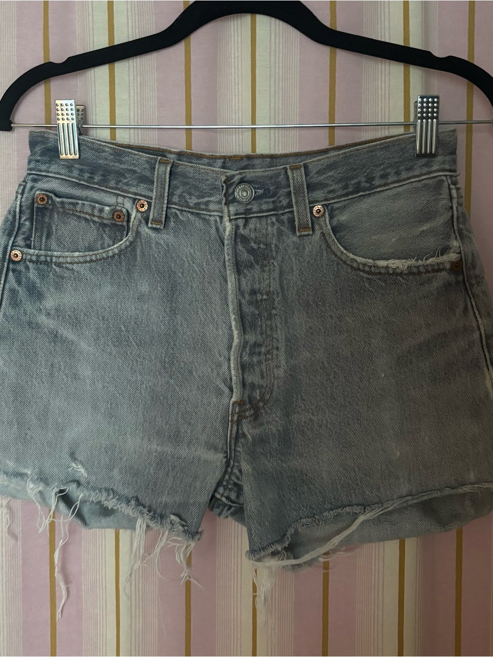 High-Rise Distressed Denim Shorts - Washed Gray